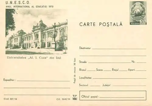Romania postal card, stationery UNESCO 1970 Ias Cuza university