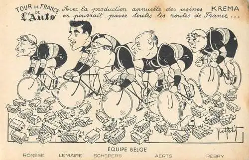 Cycling caricature Belgian team tour de FRance de l`Auto publicite usines Krema