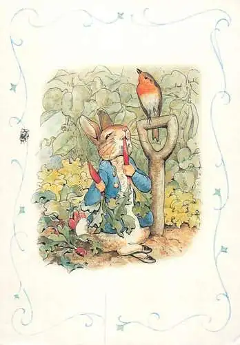 Postcard humanized drawn bird and bunny rabbit eating carrots