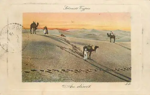 Africa postcard Morocco typical scenes in the desert camel and bedouins