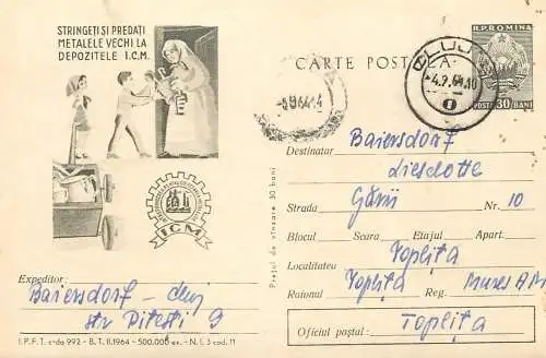 Romania industry postal stationery card Scrap metal recycle advertising 1964