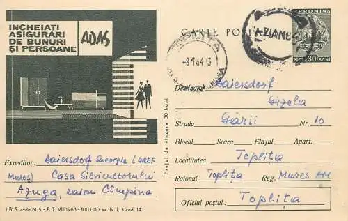 Romania ADAS insurance advertising postal stationery postcard 1964