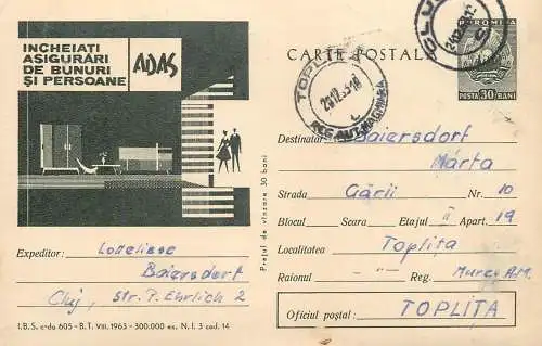 Romania ADAS insurance advertising postal stationery postcard 1964