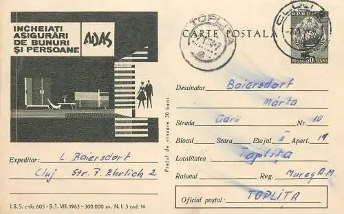 Romania ADAS insurance advertising postal stationery postcard 1964
