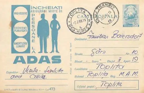 Romania ADAS insurance advertising postal stationery postcard 1966