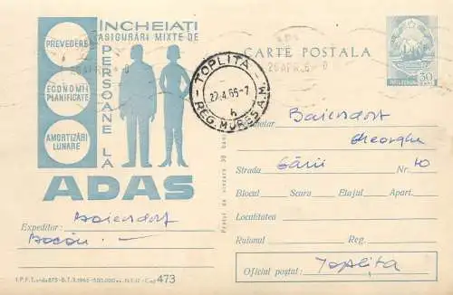 Romania ADAS insurance advertising postal stationery postcard 1966
