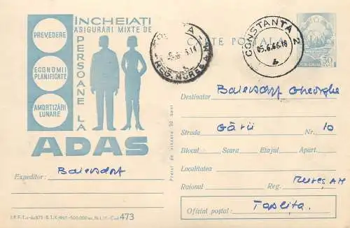 Romania ADAS insurance advertising postal stationery postcard 1966