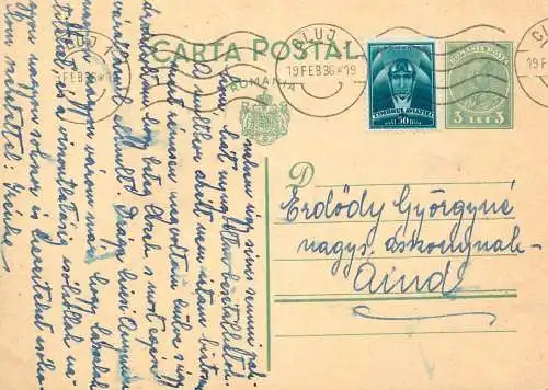 Romania inter-war correspondence Aiud Alba Postal Card king Carol II 1936
