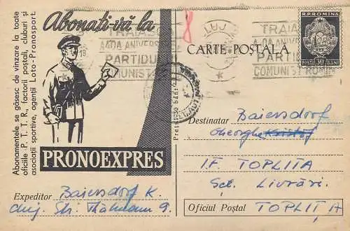 Romania postal stationery postcard lottery bet gambling Pronoexpres 1960