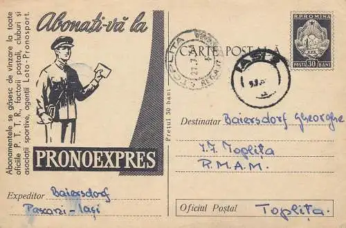 Romania postal stationery postcard lottery bet gambling Pronoexpres 1960