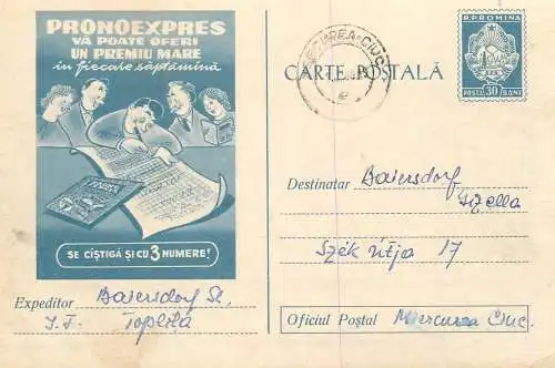 Romania postal stationery postcard lottery bet gambling Pronoexpres 3 numere 1960