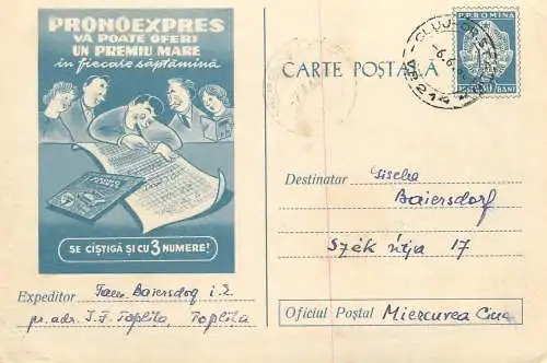 Romania postal stationery postcard lottery bet gambling Pronoexpres 3 numere 1960