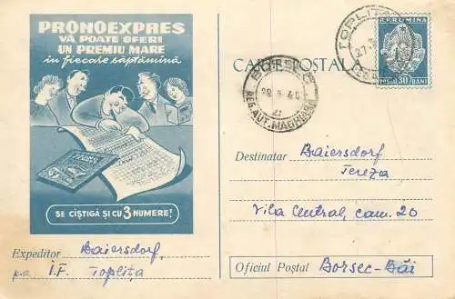 Romania postal stationery postcard lottery bet gambling Pronoexpres 3 numere 1960