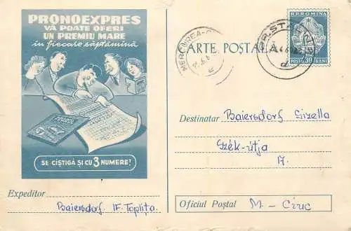 Romania postal stationery postcard lottery bet gambling Pronoexpres 3 numere 1960