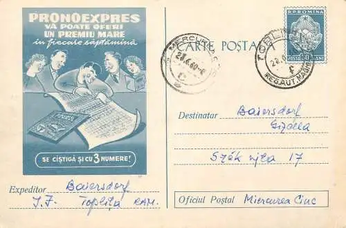 Romania postal stationery postcard lottery bet gambling Pronoexpres 3 numere 1960