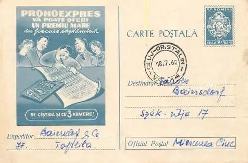 Romania postal stationery postcard lottery bet gambling Pronoexpres 3 numere 1960
