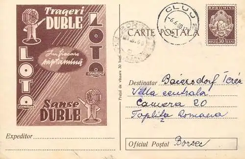 Romania postal stationery postcard lottery bet gambling LOTO sanse duble