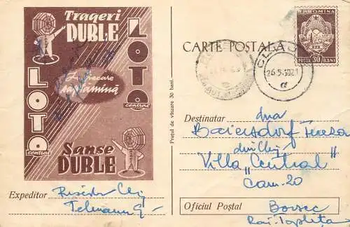 Romania postal stationery postcard lottery bet gambling LOTO sanse duble