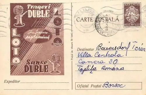 Romania postal stationery postcard lottery bet gambling LOTO sanse duble