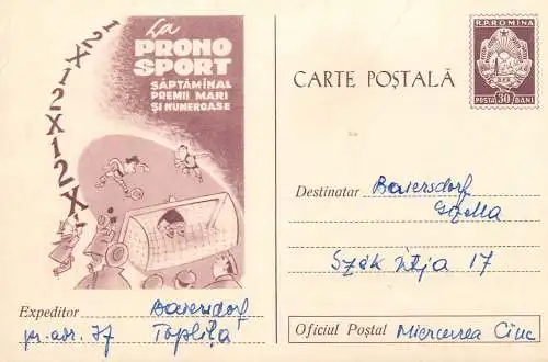 Romania postal stationery postcard lottery bet gambling Pronosport 1960