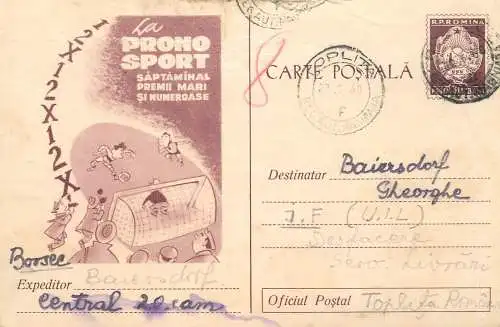 Romania postal stationery postcard lottery bet gambling Pronosport 1960