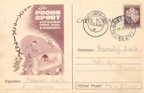 Romania postal stationery postcard lottery bet gambling Pronosport 1960