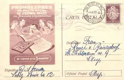 Romania postal stationery postcard lottery bet gambling Pronosport 1960