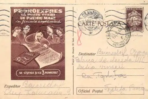 Romania postal stationery postcard lottery bet gambling Pronosport 1960