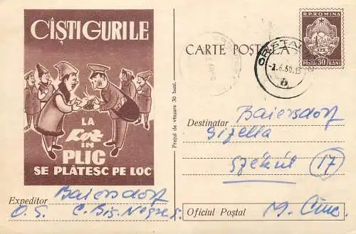 Romania postal stationery postcard lottery bet gambling loz in plic 1960