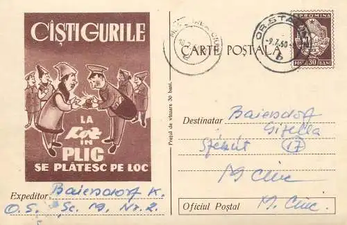 Romania postal stationery postcard lottery bet gambling loz in plic 1960