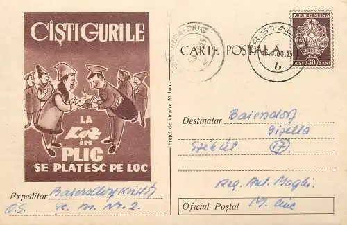 Romania postal stationery postcard lottery bet gambling loz in plic 1960