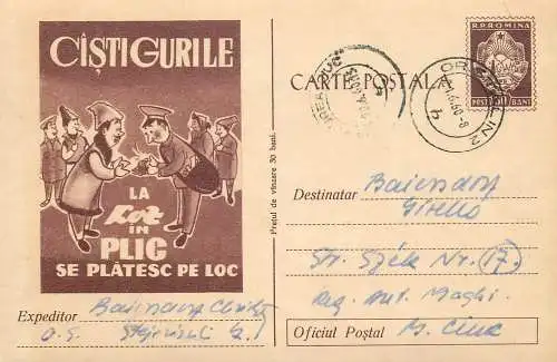 Romania postal stationery postcard lottery bet gambling loz in plic 1960