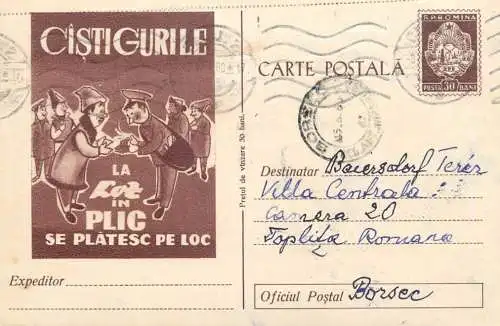 Romania postal stationery postcard lottery bet gambling loz in plic 1960