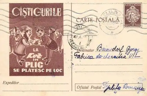 Romania postal stationery postcard lottery bet gambling loz in plic 1960