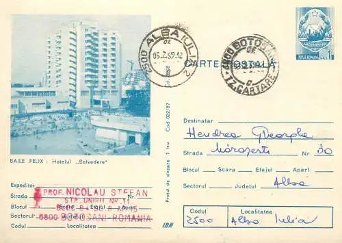 Romania postal stationery postcard Baile Felix Hotel Belvedere