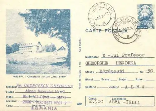 Romania postal stationery postcard Predeal complex turistic Trei Brazi