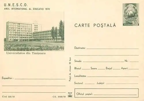 Romania postal stationery postcard Timisoara university