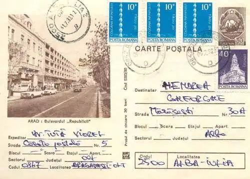 Romania postal stationery postcard Arad republics boulevard