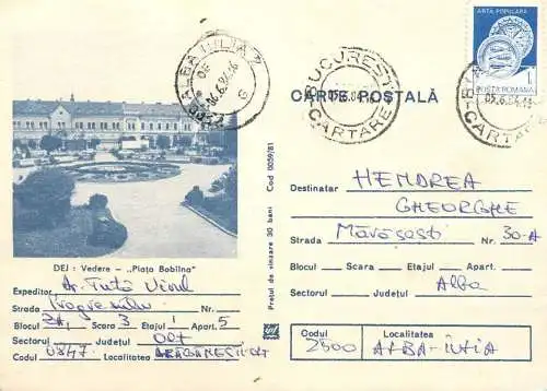 Romania postal stationery postcard Dej Bobalna square