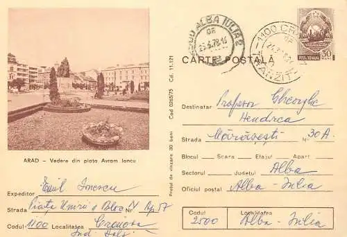 Romania postal stationery postcard Arad Avram Iancu square