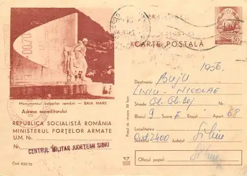 Romania postal stationery postcard Baia Mare soldier monument