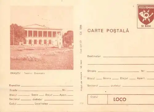 Romania postal stationery postcard Romania Brasov teatrul dramatic