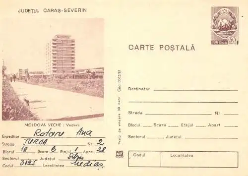 Romania postal stationery postcard Moldova Veche Caras Severin