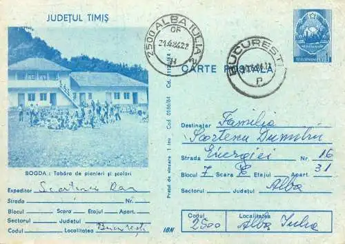 Romania postal stationery postcard Bogda Timis pioneer camp