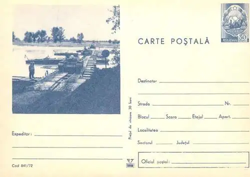 Romania postal stationery postcard military scene tank on pontoon bridge