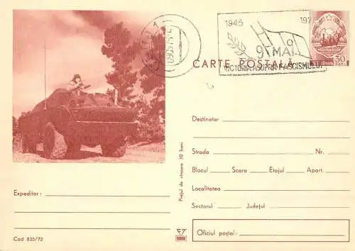 Romania postal stationery postcard military scene armoured transport TAB 1975