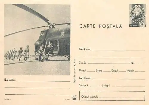 Romania postal stationery postcard military scene soldiers helicopter