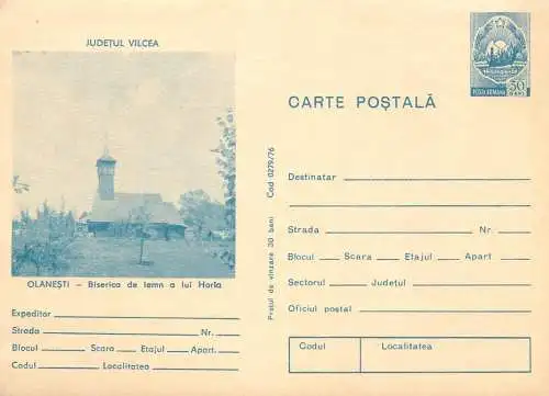 Romania postal stationery postcard Olanesti Valcea wood church