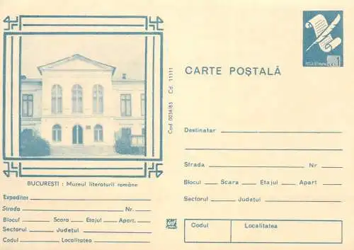 Romania postal stationery postcard Bucharest literature museum