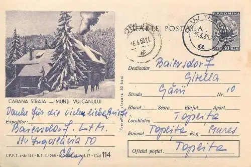 Romania postal stationery postcard Straja chalet Vulcan mountains Carpathians 1965
